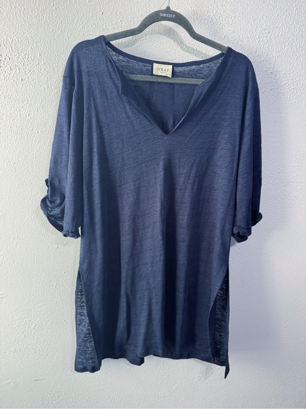 Wrap London Deep Navy V-Neck Tunic Top linen size 10